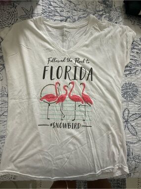 Florida Flamingo Graphic V-Neck Tee - White, Pink